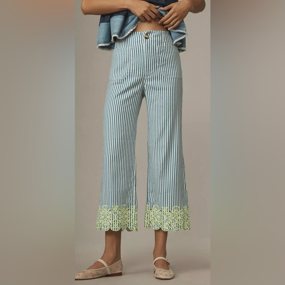 #323 Anthropologie The Colette Pant Blue Striped Linen Blend Embroidered